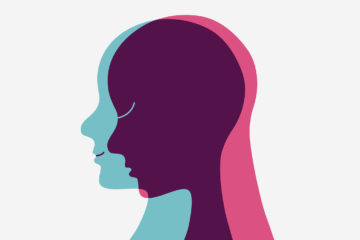 An illustration of silhouetted light blue, purple and pink faces overlapping