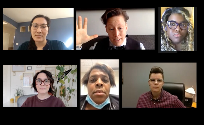 A series of photographs from LGBTQ leaders as they appeared on Zoom. There are six people total.