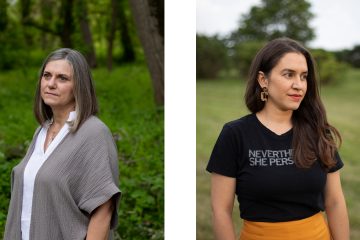 Photos of two women. On the left is a woman with shoulder-length gray hair, who is wearing a white shirt and a gray jacket. On the right is a woman with long dark brown hair, who is wearing a black shirt and an orange skirt.