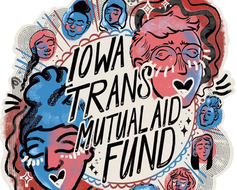 An illustrated graphic with pink, blue, purple and red colors. It says Iowa Trans Mutual Aid Fund in black lettering. 