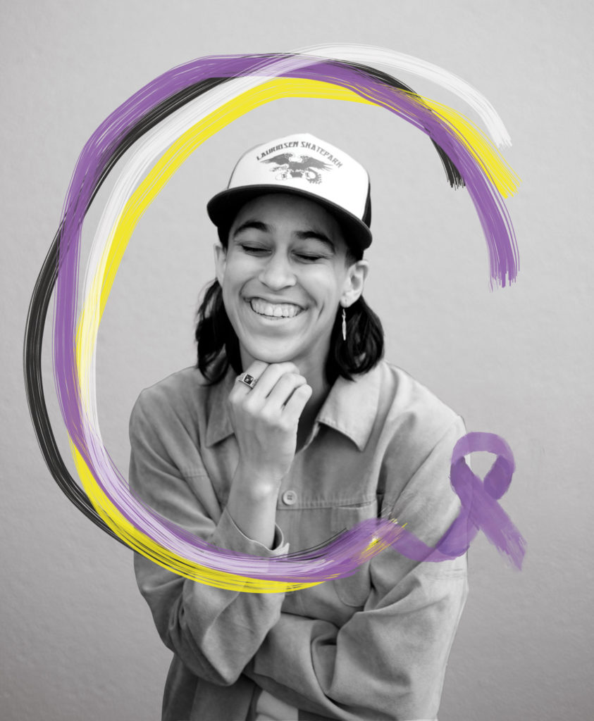 A black and white image of a person smiling with their eyes closed. An illustration of a purple, yellow, white and black ribbon overlays the image.