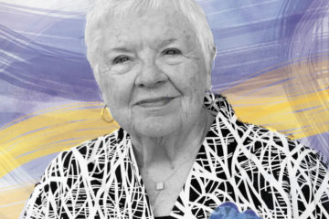 A black and white photo of a woman with short white hair wearing a patterned jacket. A purple and yellow illustration of a gavel overlays the image.
