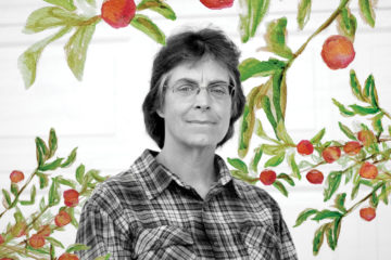 A black and white image of a woman in a plaid shirt in front of a white background. An illustration of red apples on green branches overlays the image.