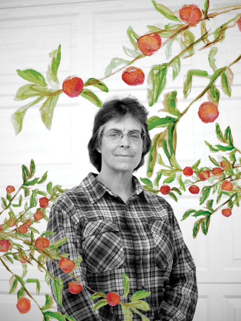 A black and white image of a woman in a plaid shirt in front of a white background. An illustration of red apples on green branches overlays the image.